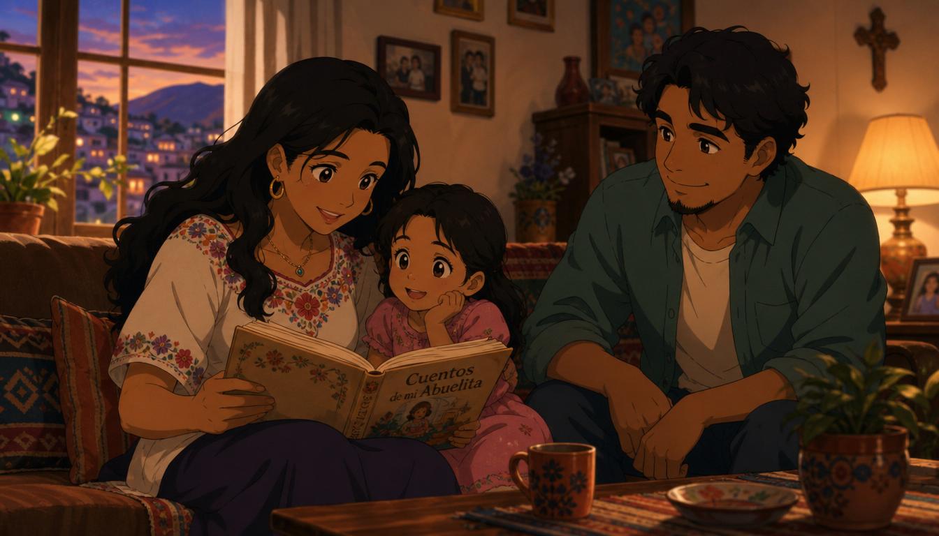 Familia latina compartiendo un momento de lectura en casa, ilustración en estilo anime