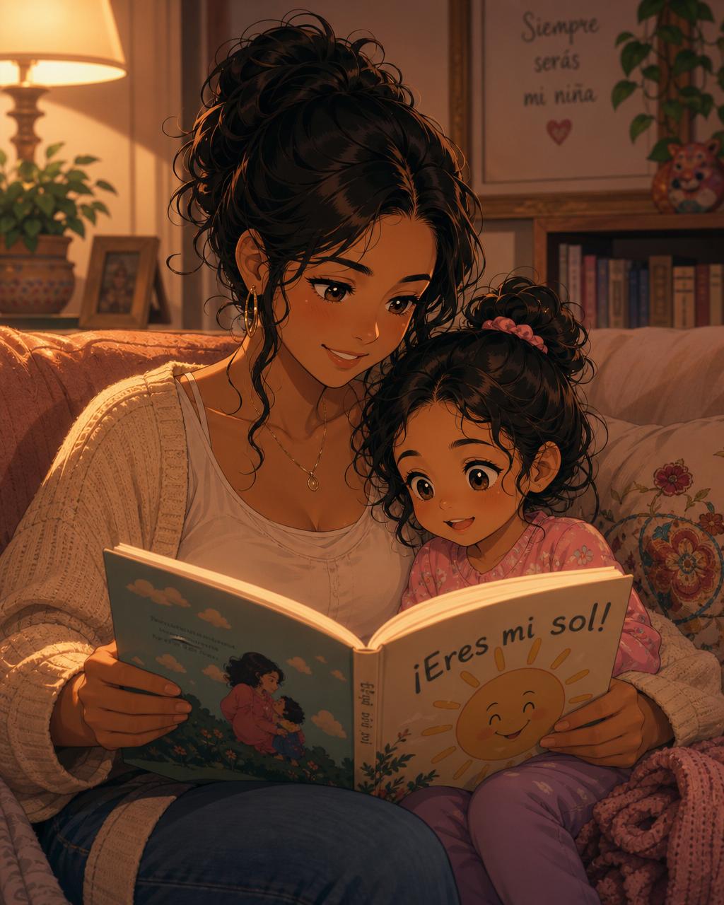 Madre latina leyendo un libro a su hija en un acogedor salón, ilustración en estilo anime